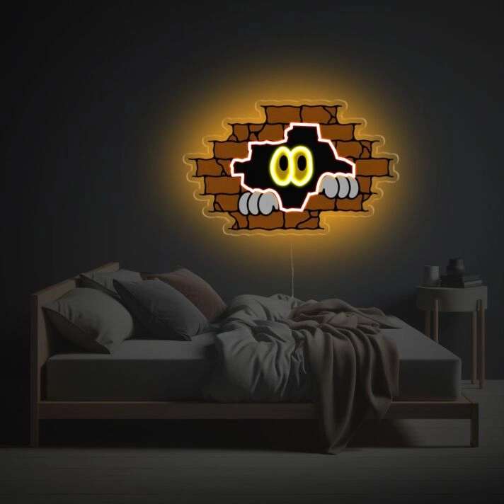 Transform Your Space: Guy Peeking Behind Wall LED Neon Acrylic Artwork Perfect for Home Decor, Creative Offices, or Trendy Bars.
