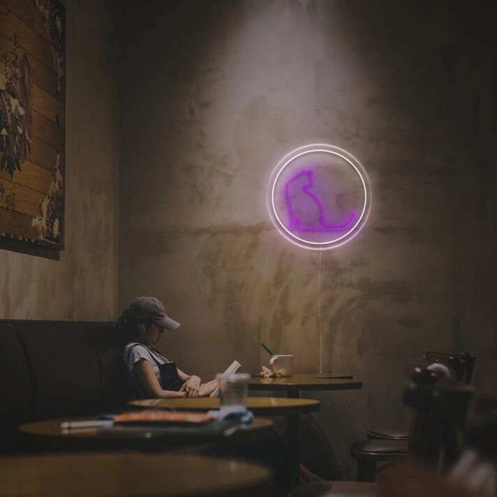 Brighten Your Space: Kitty Outline With Circle LED Neon Sign for Home Decor, Office Ambiance, and Festive Celebrations