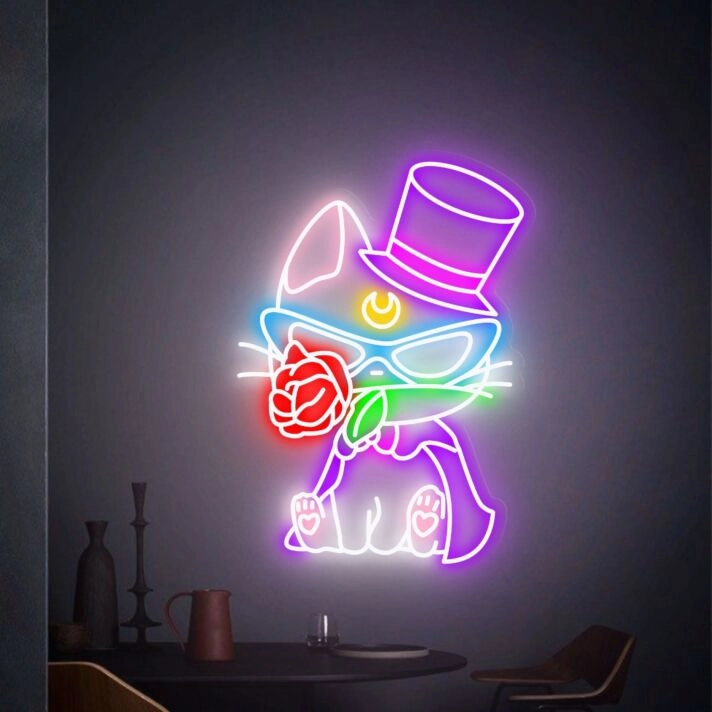 Brighten Your Bedroom, Anime Corner, or Party Ambiance with Cat With Rose LED Neon Sign Wall Art Decor.