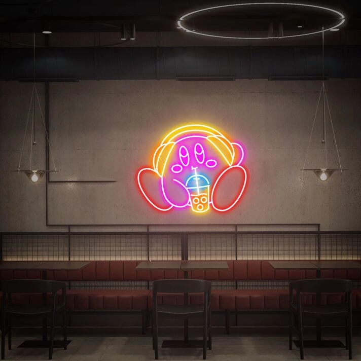 Add a Playful Glow to Your Game Room or Party with Kirby Drink Bubble Tea Led Neon Sign - A Perfect Cute Kirby Gift for Home Decor, Bars, and Celebrations.