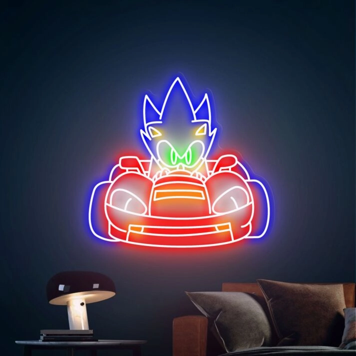 Dynamisches LED Neonschild mit abstrakter Comic Rennfigur und Sportwagen Motiv für modernes Gaming Zimmer und kreative Wanddekoration