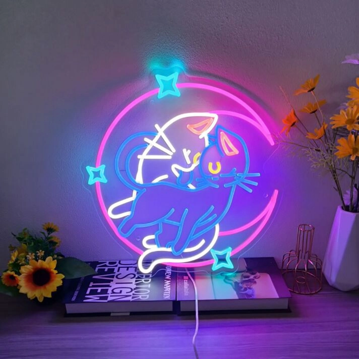 Brighten Your Space with Sailor Moon Cat Led Neon Sign - The Perfect Anime Wall Art Decor for Home, Office, or Themed Parties