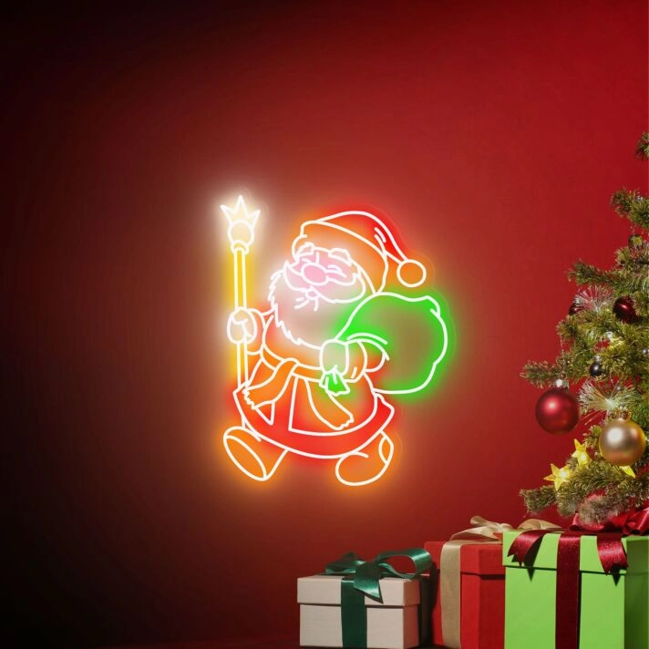 Weihnachtliches LED Neonschild mit fröhlichem Weihnachtsmann und leuchtenden Farben für festliche Wanddekoration