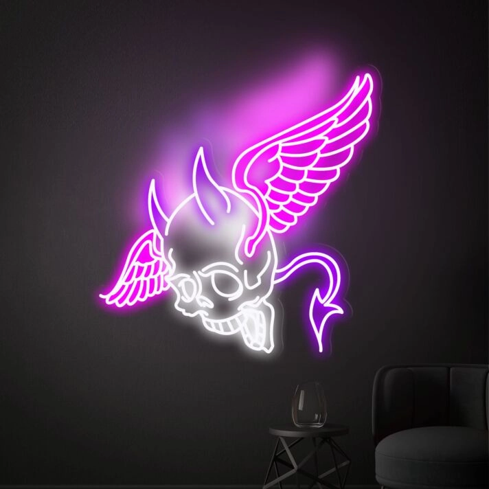Brighten Up Your Space: Skull Head With Wings Neon Lights Sign Handmade Artwork - Perfect for Home Decor, Bars, and Edgy Office Settings.