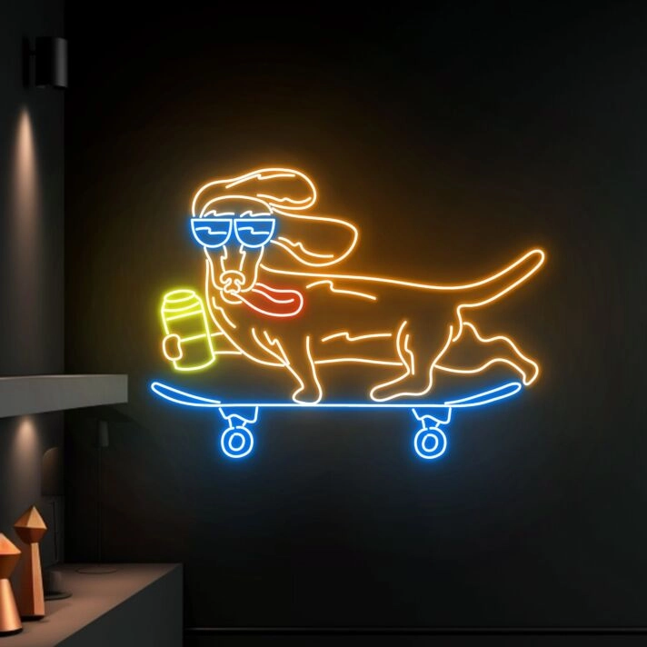 Brighten Up Your Home, Office, or Bar: Cute Dog Skateboarder Led Sign Cool Dachshund Neon Light for Stylish Room and Club Decor