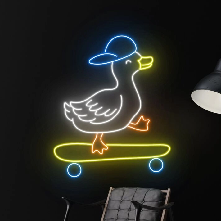 Elevate Your Space: Duck In Hat Skateboarder LED Sign - Perfect Neon Light for Home Decor, Bars, and Birthday Celebrations.