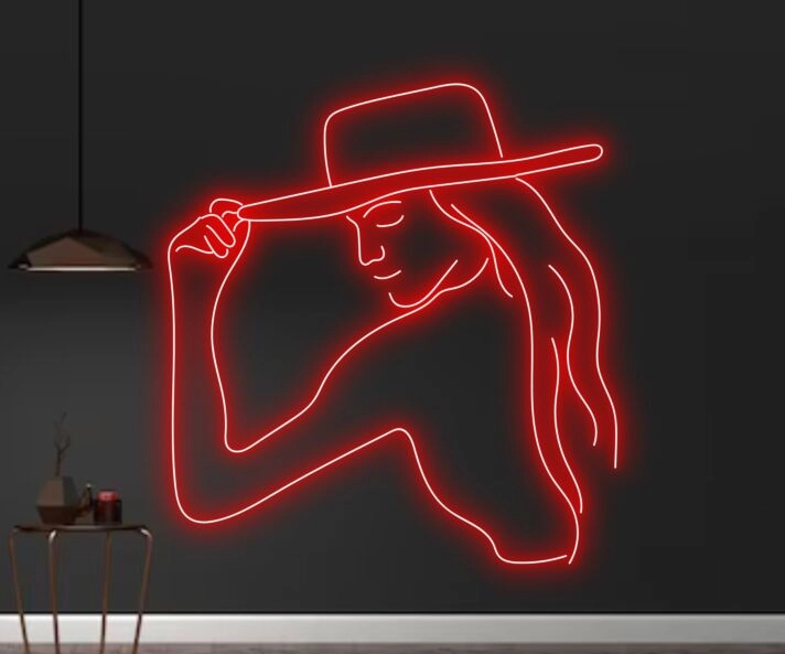 Frau mit Hut LED-Neonschild für Wohnzimmer oder Boutique