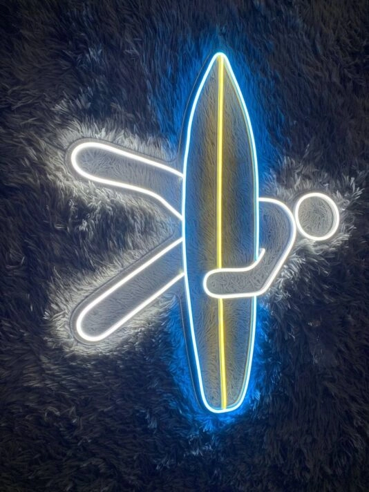 Surfer mit Surfbrett LED-Neonschild für Wohnzimmer oder Surfshop