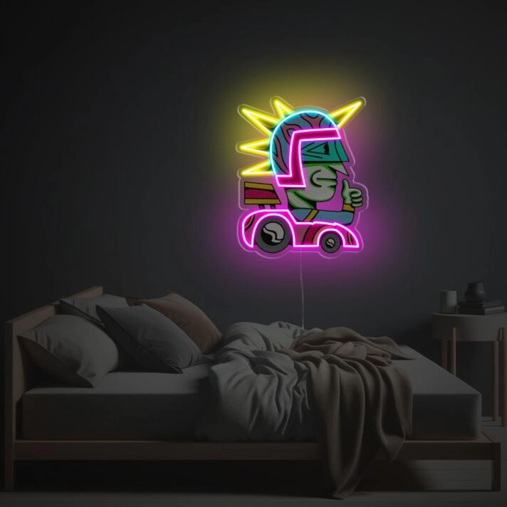 Neon LED Wanddekoration mit abstrakter Comic Figur im Fahrzeug farbenfrohes Lichtdesign für moderne Wohnräume