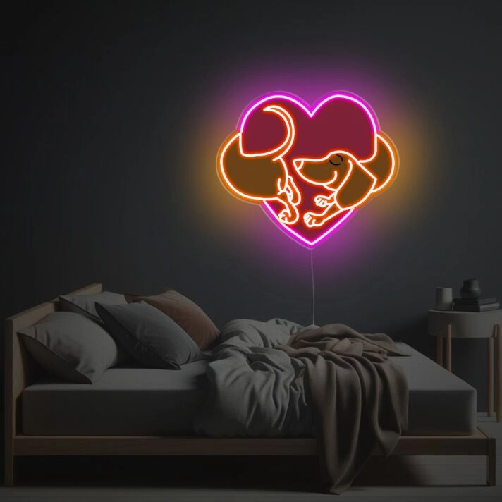 Herzförmiges Hunde LED Neonschild mit liebevollem Motiv als warme Neon Wanddekoration für Schlafzimmer und Wohnräume
