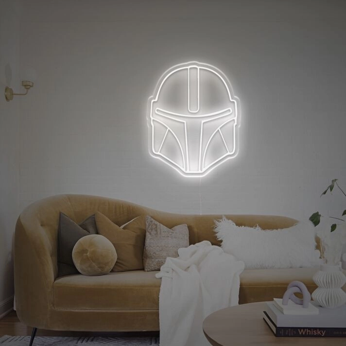 Futuristisches Sci-Fi Helm LED Neonschild im Minimalistischen Design als Moderne Wanddekoration für Wohnzimmer Gaming Zimmer oder Home Office