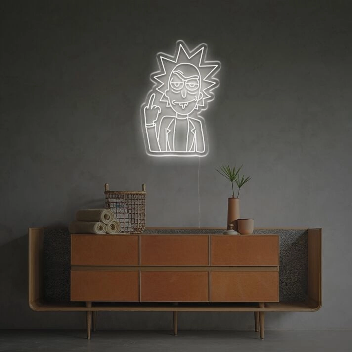 Abstraktes Cartoon Wissenschaftler LED Neonschild mit Markantem Stachelhaar und Provokanter Geste als Moderne Wanddekoration für Gaming Zimmer Man Cave oder Home Bar