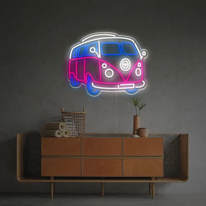 Retro Camping Van LED Neonschild im Vintage Hippie Bus Design als Farbenfrohe Wanddekoration für Wohnzimmer Bar Café Studio oder Kreativen Raum