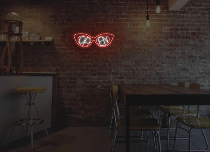 OPEN LED Neonschild in Brillenform für Bar Café Restaurant und moderne Schaufensterdekoration
