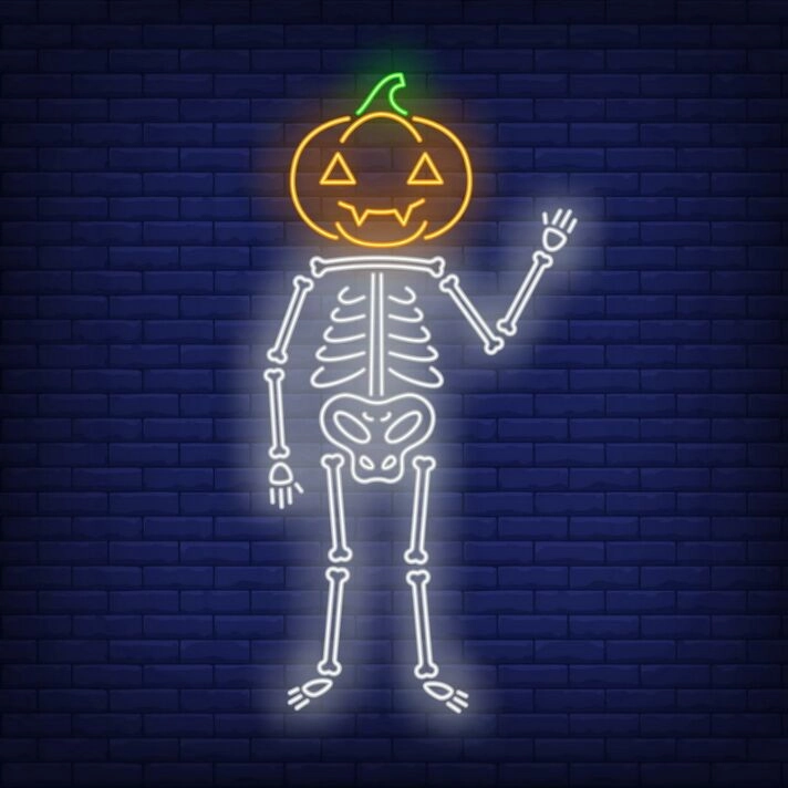 Dekoratives LED Neonschild mit Kürbis und Skelett Motiv für Halloween Wanddekoration und festliche Beleuchtung