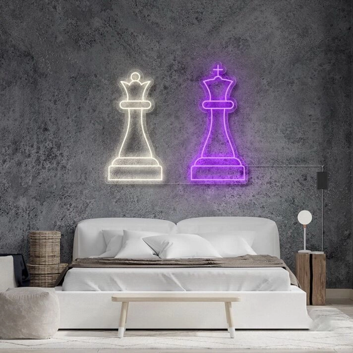 Schach König LED Neonschild im minimalistischen Doppel Design für Schlafzimmer Wohnzimmer und moderne Wanddekoration