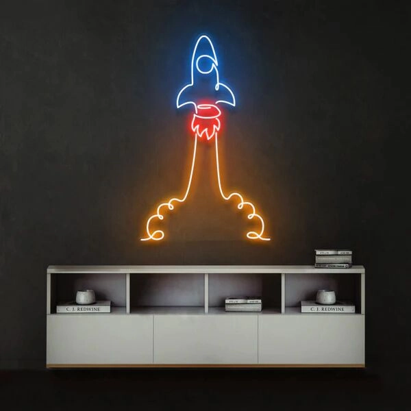 Dekoratives Raketen LED Neonschild mit Startmotiv als stimmungsvolle Wandbeleuchtung für Kinderzimmer Wohnzimmer und moderne Raumdekoration