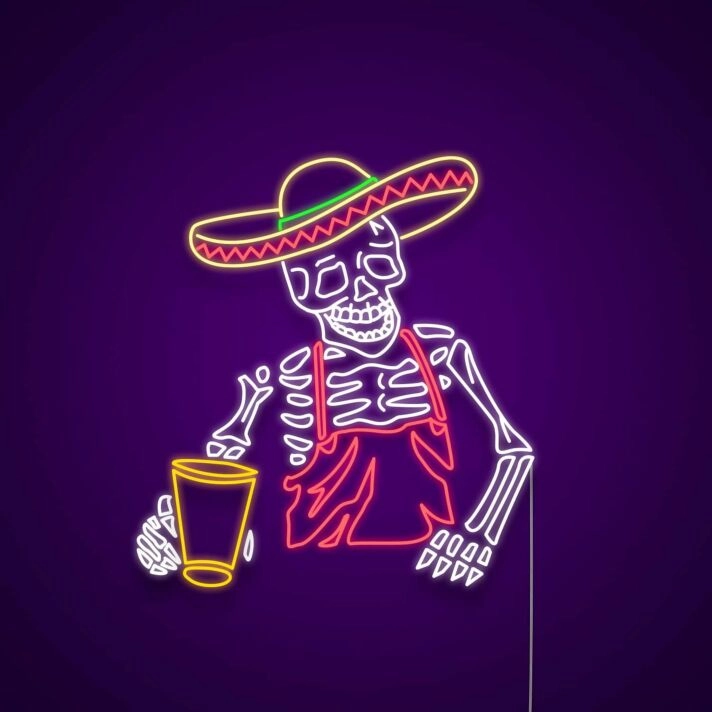 Mexikanisches Skelett mit Sombrero LED Neonschild im farbenfrohen Party Stil