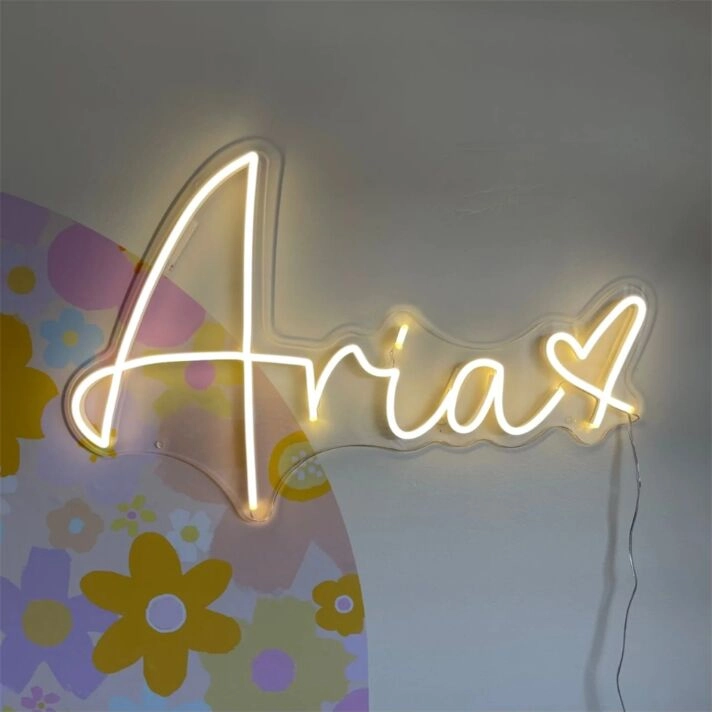 Add a Personal Touch to Your Wedding or Brighten Up Your Home Decor with the LED Neon Name Aria With Heart LED Neon Sign.