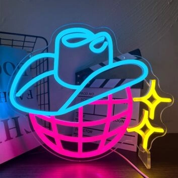 Cowboyhut auf Globus mit Sternen LED-Neonschild Bar Wohnzimmer