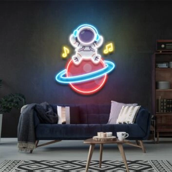 Astronaut mit Kopfhörern auf Planet mit Noten LED-Neonschild Wohnzimmer Kinderzimmer