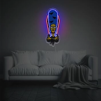Künstlerisches LED Neonschild mit Cartoon Frauenfigur im Hexen Stil