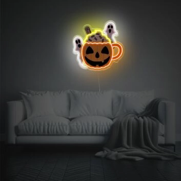 Verspieltes LED Neonschild mit Kürbisbecher und Geistern als auffällige Neon Wanddeko für Halloween Wohnzimmer oder Partyraum
