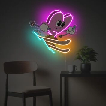 Brighten Up Your Home, Office, or Bar: Skiing Pinky Heart Guy LED Neon Acrylic Artwork Perfect for Any Space.