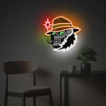 Abstraktes LED Neonschild mit Schädel im Hut Design