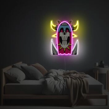 Abstraktes LED Neonschild mit geflügeltem Schädel und Hörnern