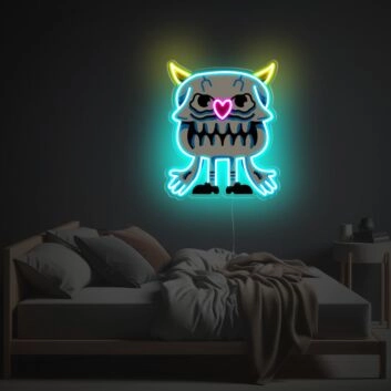 Niedliches LED Neonschild mit Cartoon Schädel und Herz
