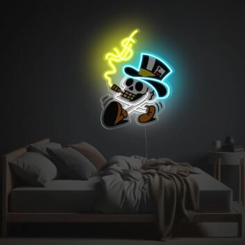 Cooles Skelett LED Neonschild mit Zylinder und Zigarette als auffällige Neon Wanddekoration für Wohnzimmer Bar und Gaming Zimmer