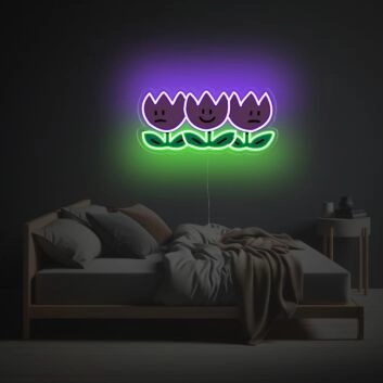 Brighten Up Your Space: Three Purple Flowers LED Neon Acrylic Artwork Perfect for Home Decor, Bars, and Weddings.