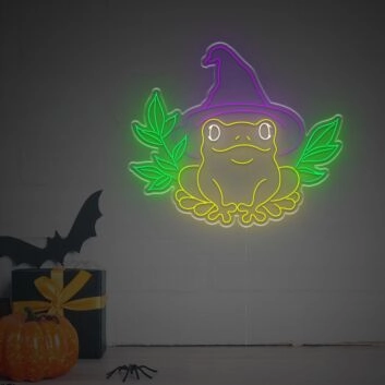 LED Neon Wanddeko Frosch mit Hexenhut für Halloween