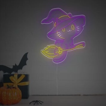 Niedliches LED Neon Wandlicht Zauber Katze auf Besen Süße Halloween Neon Dekoration für Kinderzimmer Wohnzimmer Partyraum Schaufenster und Saisonale Wandbeleuchtung