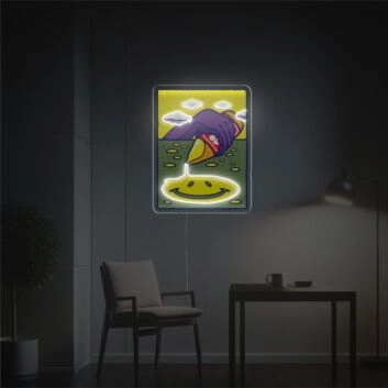 Hand mit Eiscreme und Smiley LED-Neonschild für Wohnzimmer oder Kreativstudio