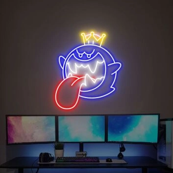 Krone tragender Cartoon Geist mit herausgestreckter Zunge LED-Neonschild Gaming Zimmer