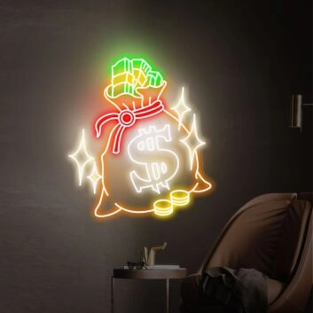 Geldsack mit Münzen und Geldscheinen LED-Neonschild für Büro und Geschäft