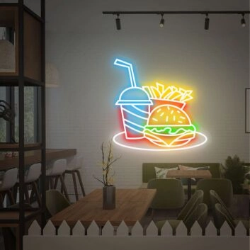 Burger Pommes und Getränk LED-Neonschild für Restaurant Imbiss
