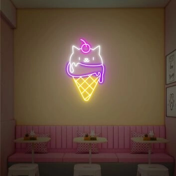 Eiswaffel mit Katzenkopf und Kirsche LED-Neonschild für Café Eisdiele