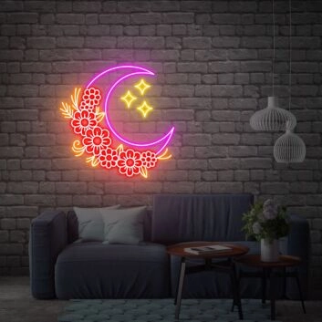 Halbmond mit Blumen und Sternen LED-Neonschild für Wohnzimmer Schlafzimmer
