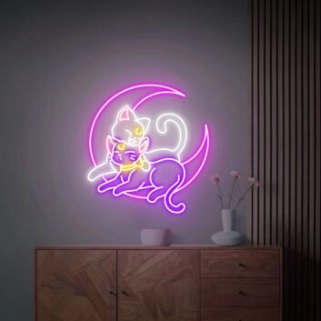zwei Katzen auf Halbmond LED-Neonschild Wohnzimmer Schlafzimmer