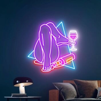 Beine mit Weinflasche und Weinglas LED-Neonschild für Bar Club
