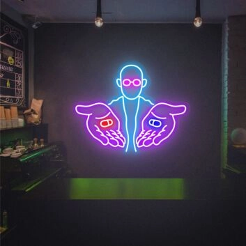Person mit zwei Kapseln in den Händen LED-Neonschild Bar Cafe