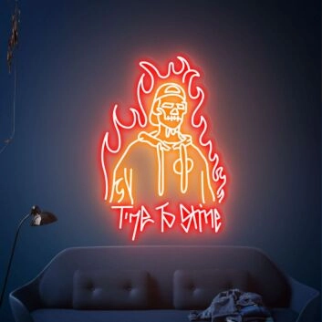 Abstraktes LED Neonschild mit stilisierter Figur und Flammenmotiv für modernes Interior und kreative Wanddekoration