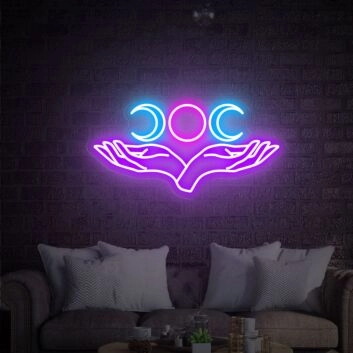 Hände mit Dreifach-Mond Symbol LED-Neonschild Wohnzimmer Meditationsraum