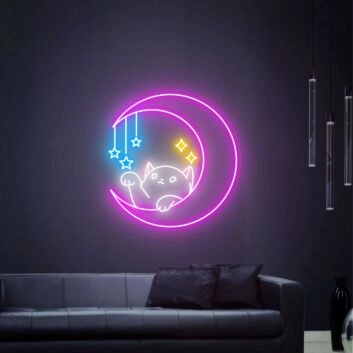 Katze im Halbmond mit Sternen LED-Neonschild Wohnzimmer Schlafzimmer
