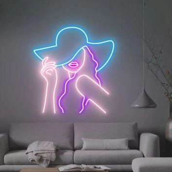 Frau mit Sonnenhut LED-Neonschild Wohnzimmer Lounge