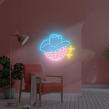 Cowboyhut auf Discokugel LED-Neonschild Wohnzimmer Bar