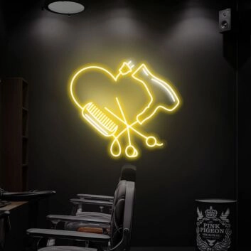 Herz mit Kamm Schere und Haartrockner LED-Neonschild für Friseursalon
